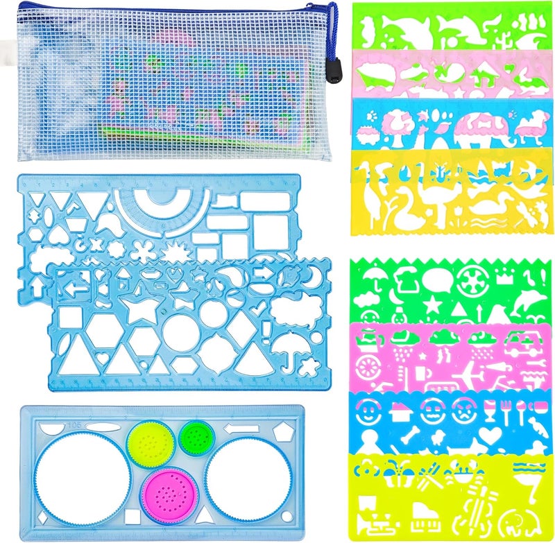 Acoavo 11Pcs Blue Colorful Art Painting Template for Drawing Geometric Drawings Templates with Bag Spiral Curve Stencils Rulers for Kids Drawing Stencils for Preschooler Student Classroom Learning Tool(Boy) - Image 1